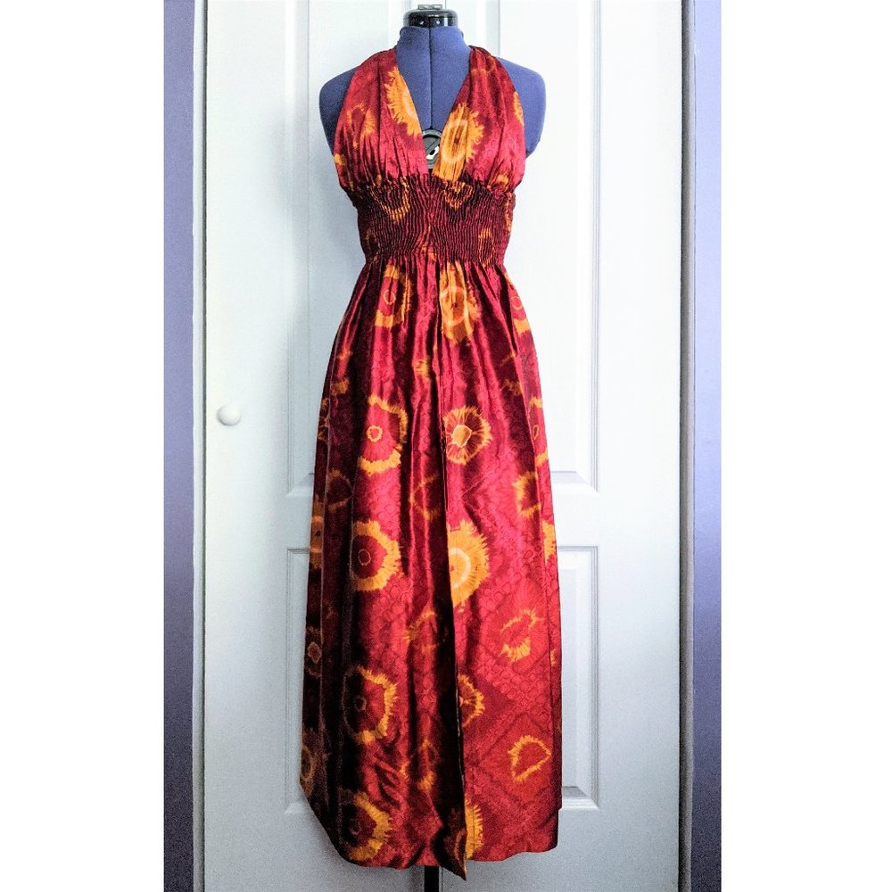 Vintage Satin Red Tie Dye Halter Maxi Dress